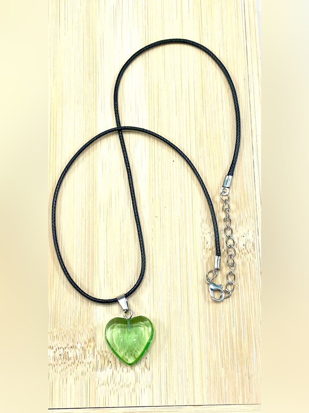 Green Heart Glass Pendant Necklace on Black Cord